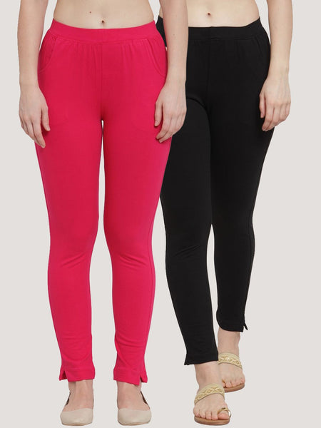 TAG 7 Women Pack Of 2 Pink & Black Solid Straight-Fit Ankle-Length Leggings