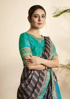 Navy Blue Bhagalpuri Silk Stripe printed with Stone Work & Hand Work Saree - Norita Nirvi - Distacart