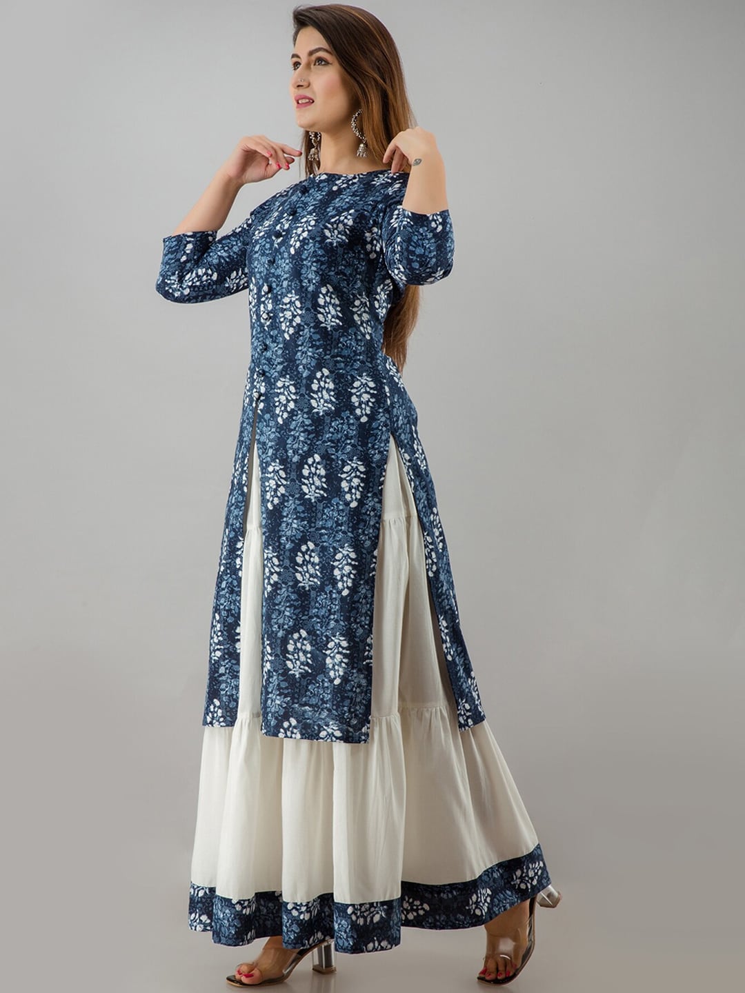 HERE&NOW Blue & White Boat Neck Floral Printed Kurta with Skirt