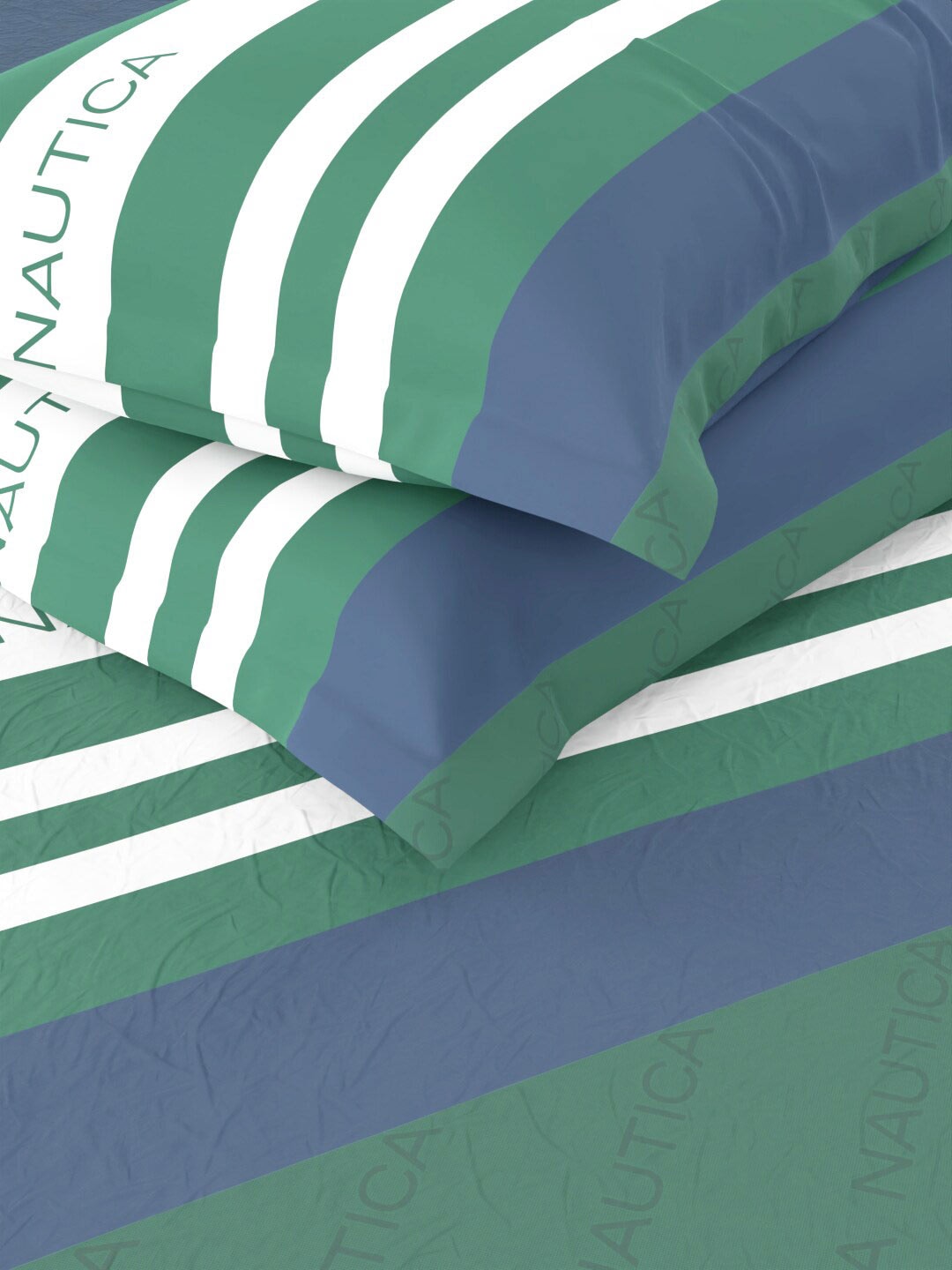 Nautica Bradford Blue & Green Striped 160 TC Pure Cotton King Bedsheet & 2 Pillow Covers