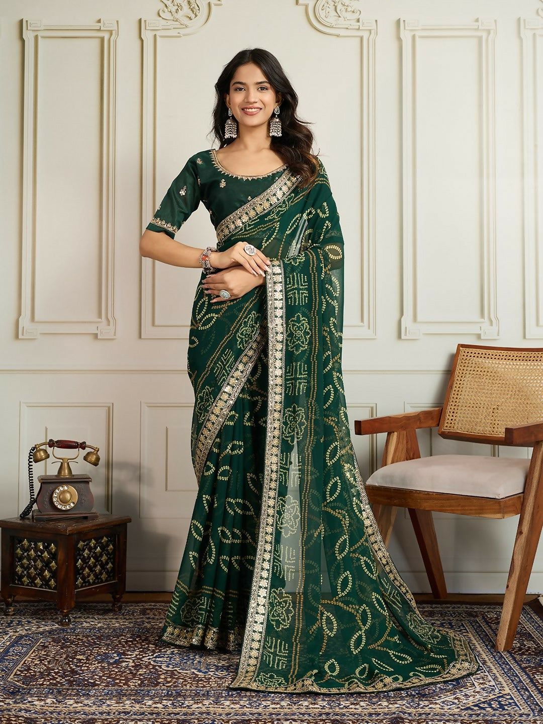 Ai Fashion Dark Green Georgette Rajwadi Bandhani Print Party Wear Saree - Distacart