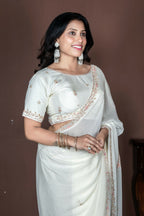 Morchari Off White Chiffon Hand Embroidery Saree And Stitched Blouse - Distacart
