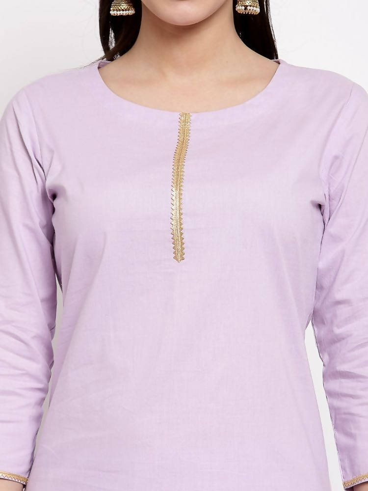 Myshka Women's Light Purple Cotton Solid 3/4 Sleeve Round Neck Casual Kurta Pant Dupatta Set