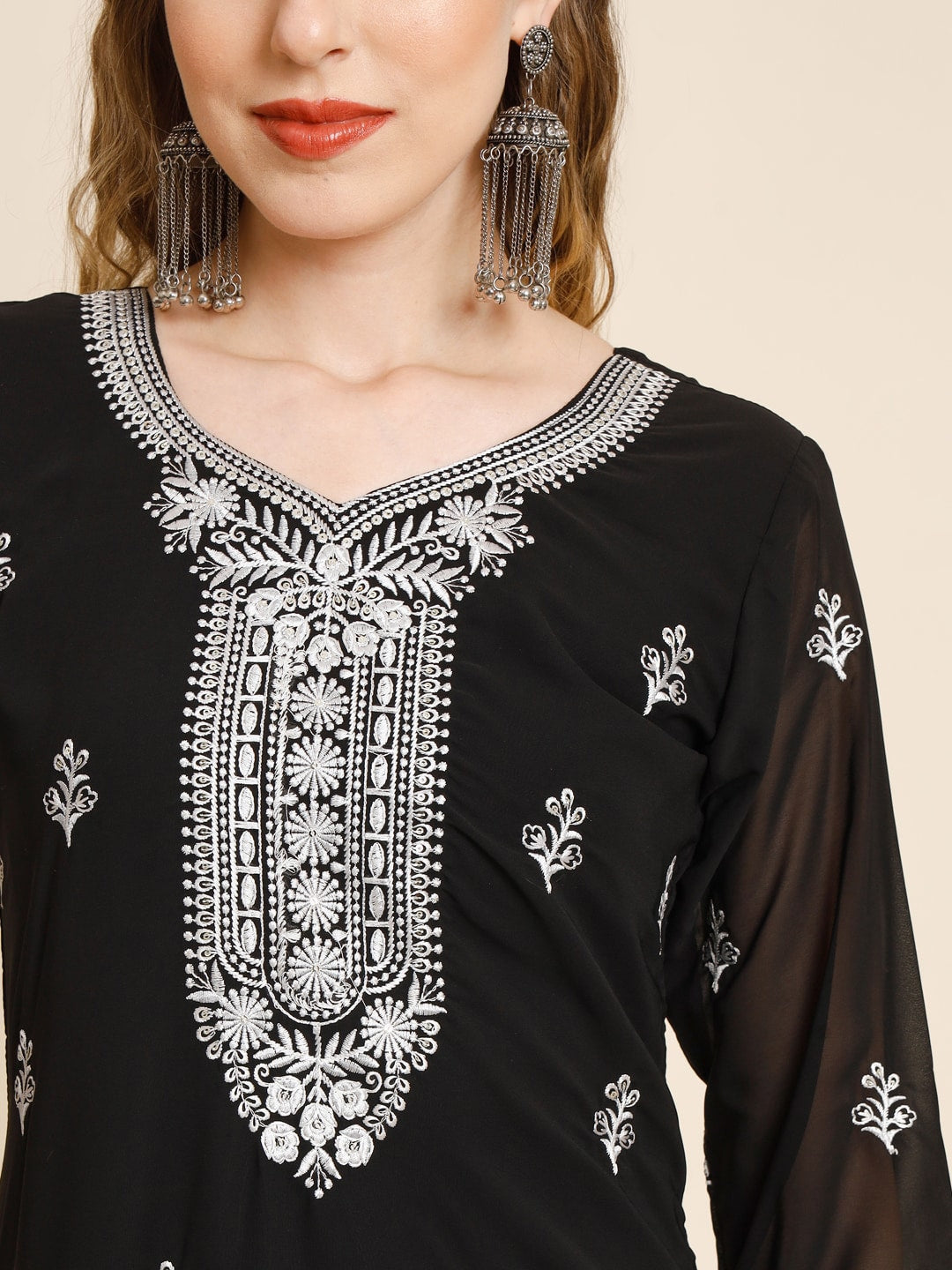 HERE&NOW Ethnic Motifs Embroidered Sequined Georgette Kurta