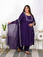 Miravan Women's Plus Size Cotton Purple A-Line Kurta With Embroidered Neck And Palazzo With Embroidered Dupatta Set