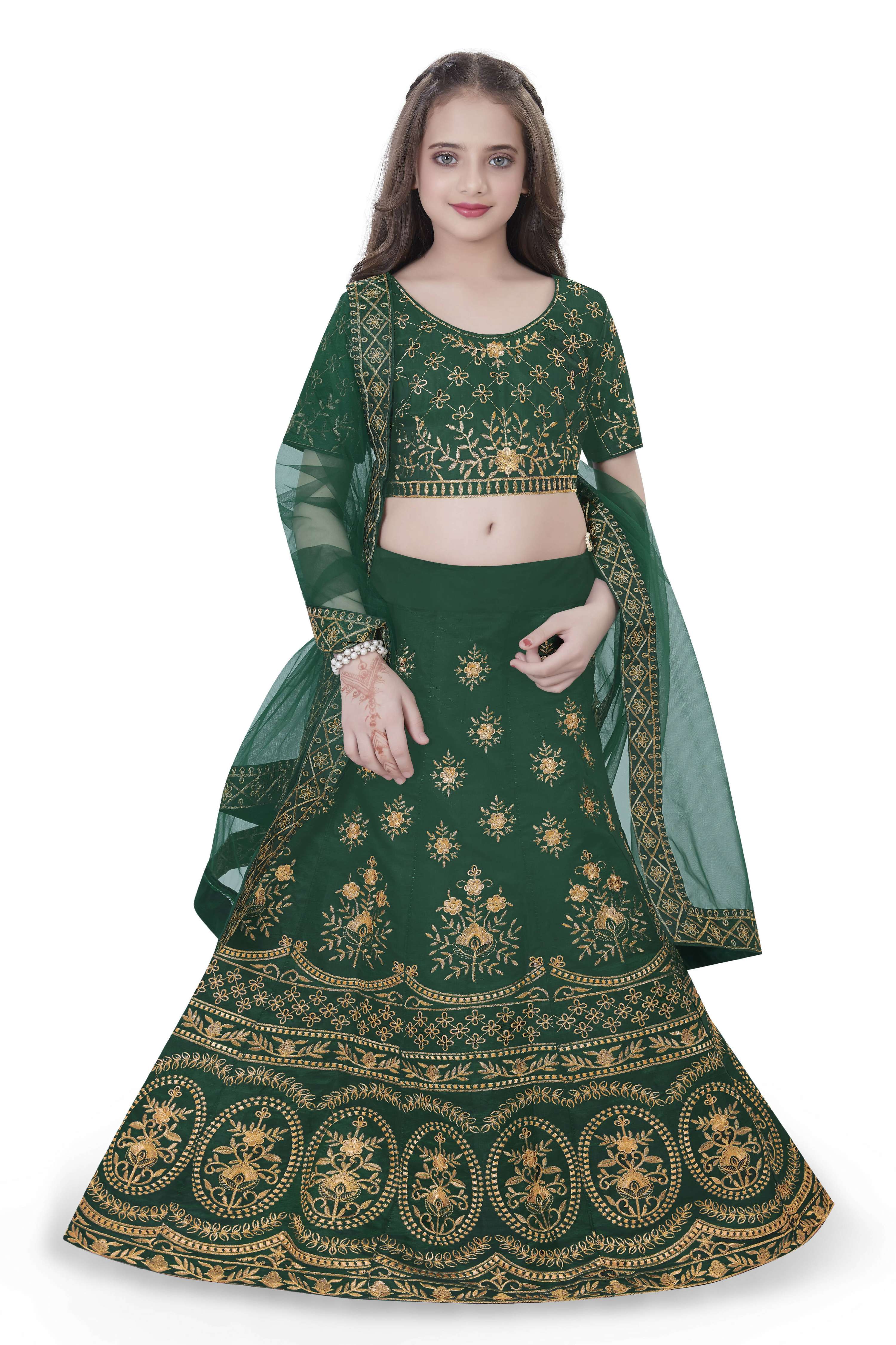 Dwiden Green Lehriyu Tafetta Sattin Semi-Stitched Girl's Lehenga Choli