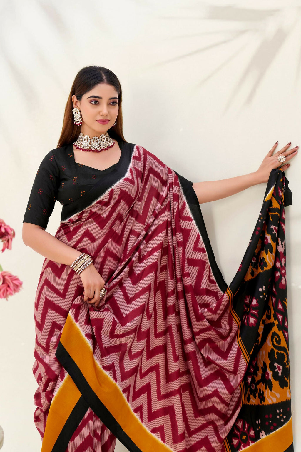 Vastranavya Maroon Tussar Silk Zigzag Waves Printed Saree with Unstitched Blouse - Distacart