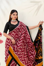 Vastranavya Maroon Tussar Silk Zigzag Waves Printed Saree with Unstitched Blouse - Distacart