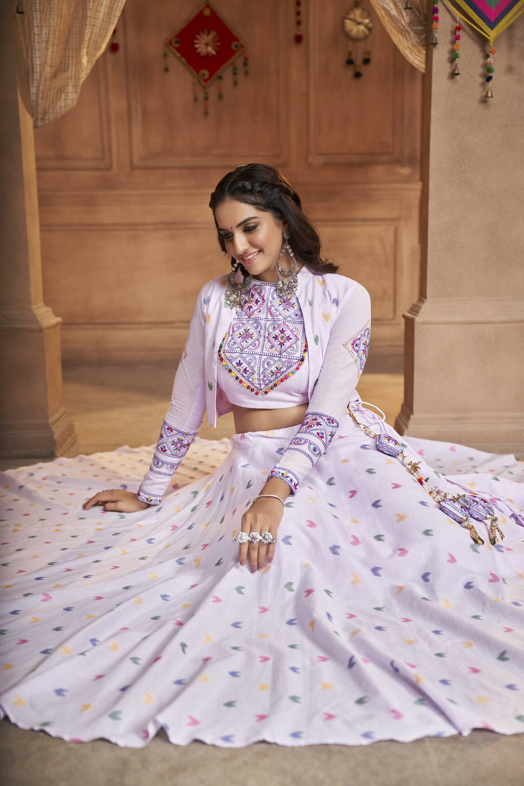 Lavender Cotton Jacquard Weaving Fabric Navratri Lehenga Choli With Dupatta - Raas