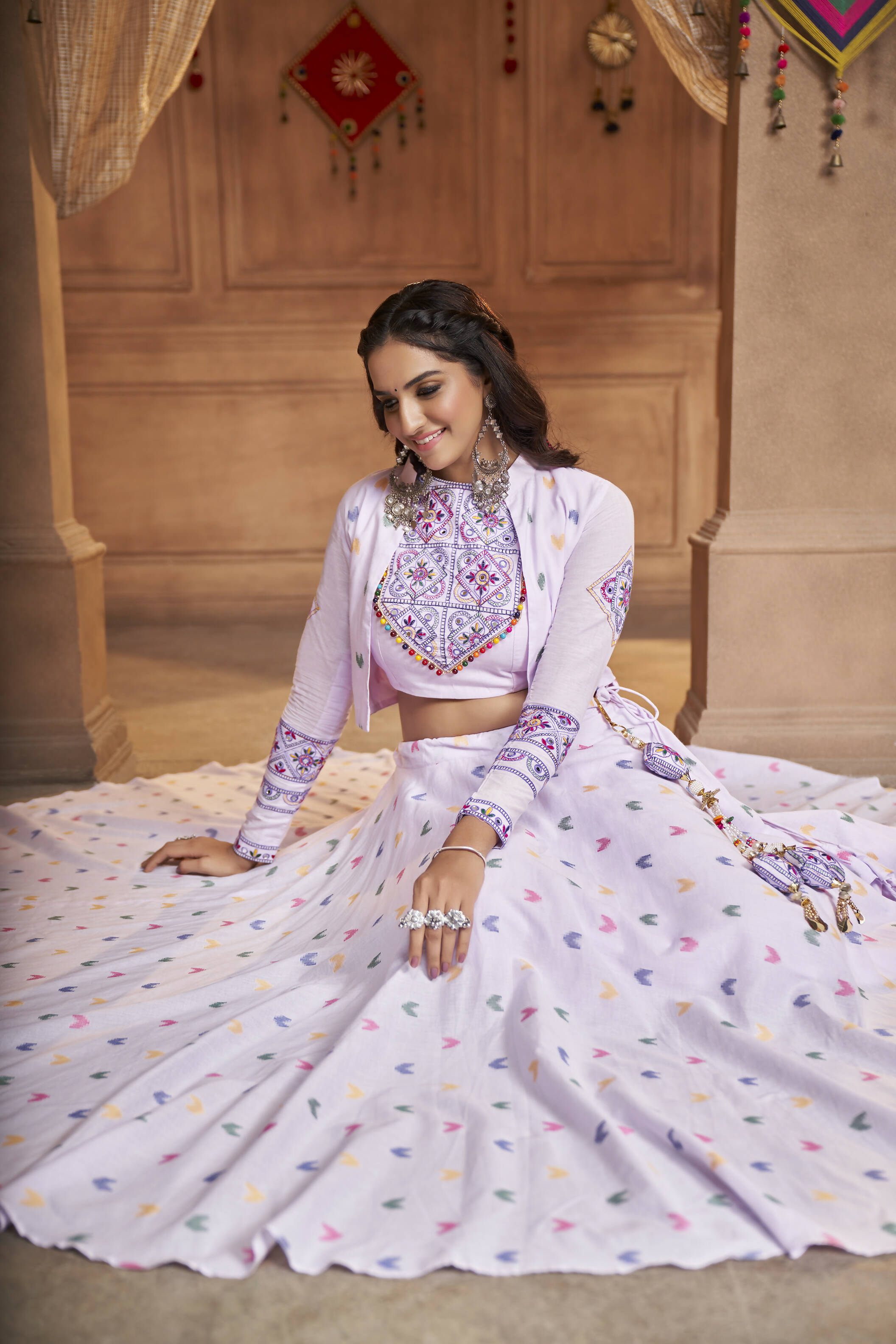 Lavender Cotton Jacquard Weaving Fabric Navratri Lehenga Choli With Dupatta - Raas