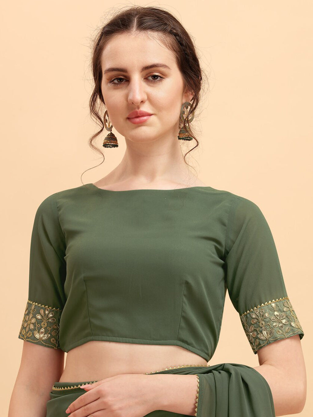 Sangria Olive & Golden Embellished Gotta Patti Saree - Distacart