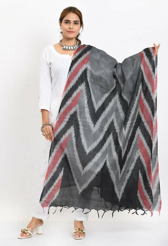 Mominos Fashion Moeza Women's Handloom Cotton Ikkat Maroon/Black Dupatta - Distacart