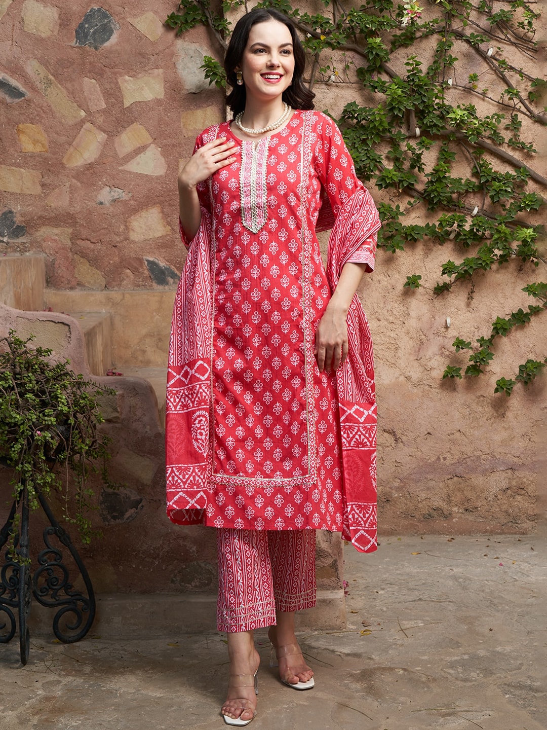 Sangria Printed Pure Cotton Kurta With Trouser & Dupatta