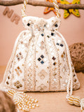 NR By Nidhi Rathi White Mirror Work Embroidered Potli Clutch - Distacart
