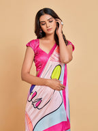 Sangria Pink & Blue Abstract Printed Satin Saree - Distacart