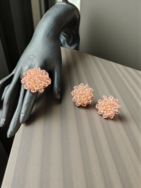 Inhanns Rangmani Crystal Duo – Adjustable Ring + Statement Earrings Set - Peach