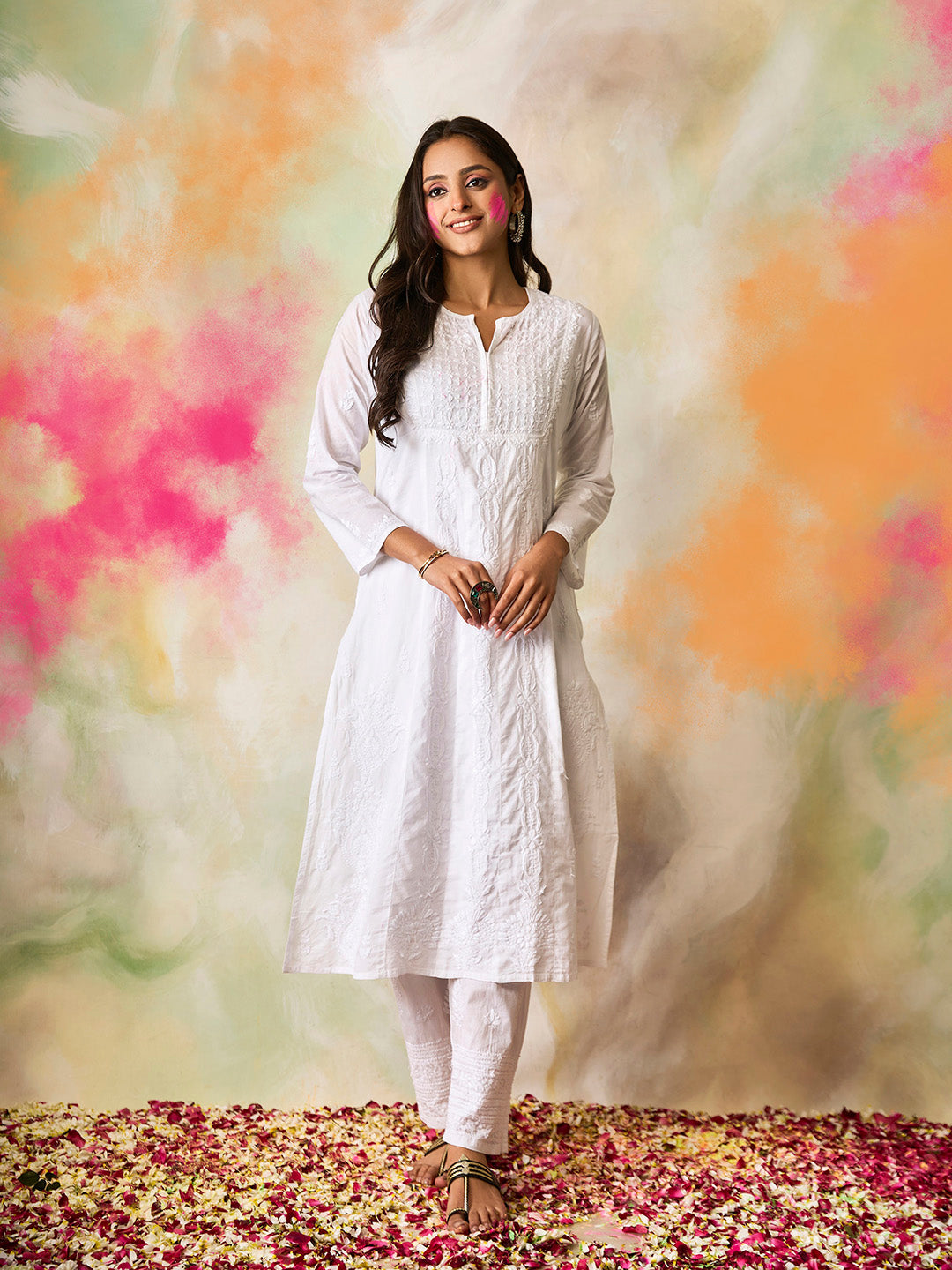 HOUSE OF KARI Notched Neck Ethnic Motifs Embroidered Chikankari Cotton Kurta