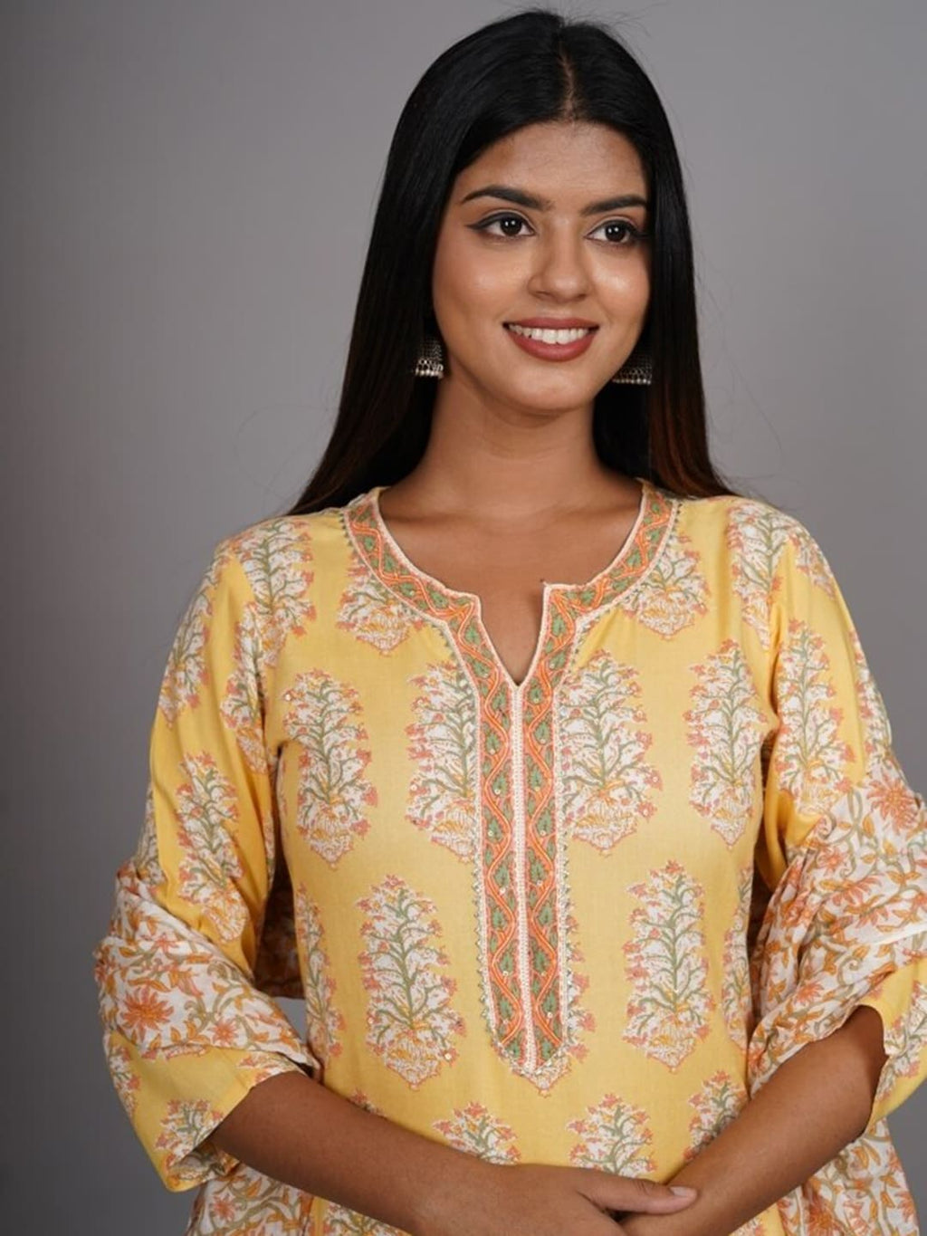 HERE&NOW Women Yellow Floral Printed Thread Work Kurta with Palazzos & With Dupatta