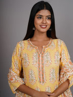 HERE&NOW Women Yellow Floral Printed Thread Work Kurta with Palazzos & With Dupatta