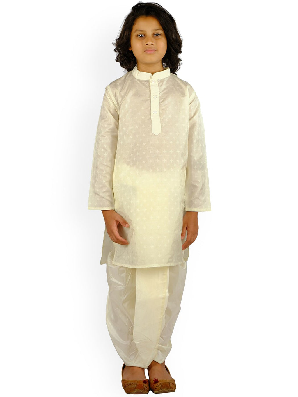 Sethukrishna Boys Cream-Coloured Embroidered Angrakha Kurta with Salwar & With Dupatta