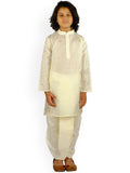 Sethukrishna Boys Cream-Coloured Embroidered Angrakha Kurta with Salwar & With Dupatta