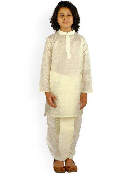 Sethukrishna Boys Cream-Coloured Embroidered Angrakha Kurta with Salwar & With Dupatta