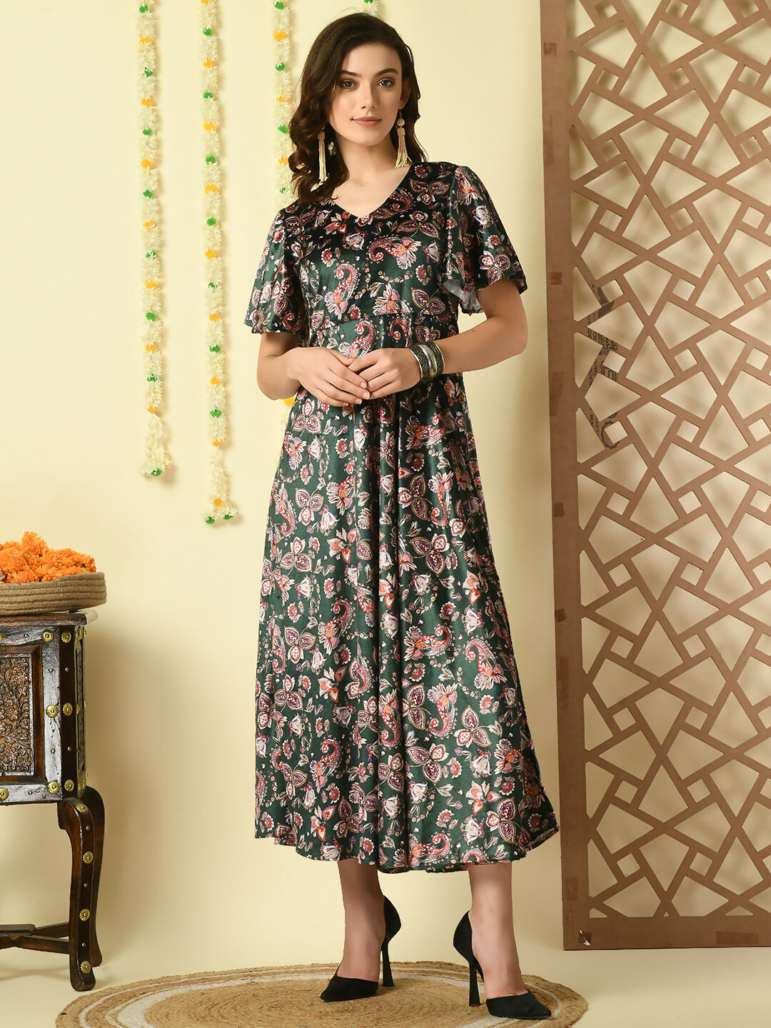 Myshka Women's Multi Printed Velvet Party Dress - Distacart