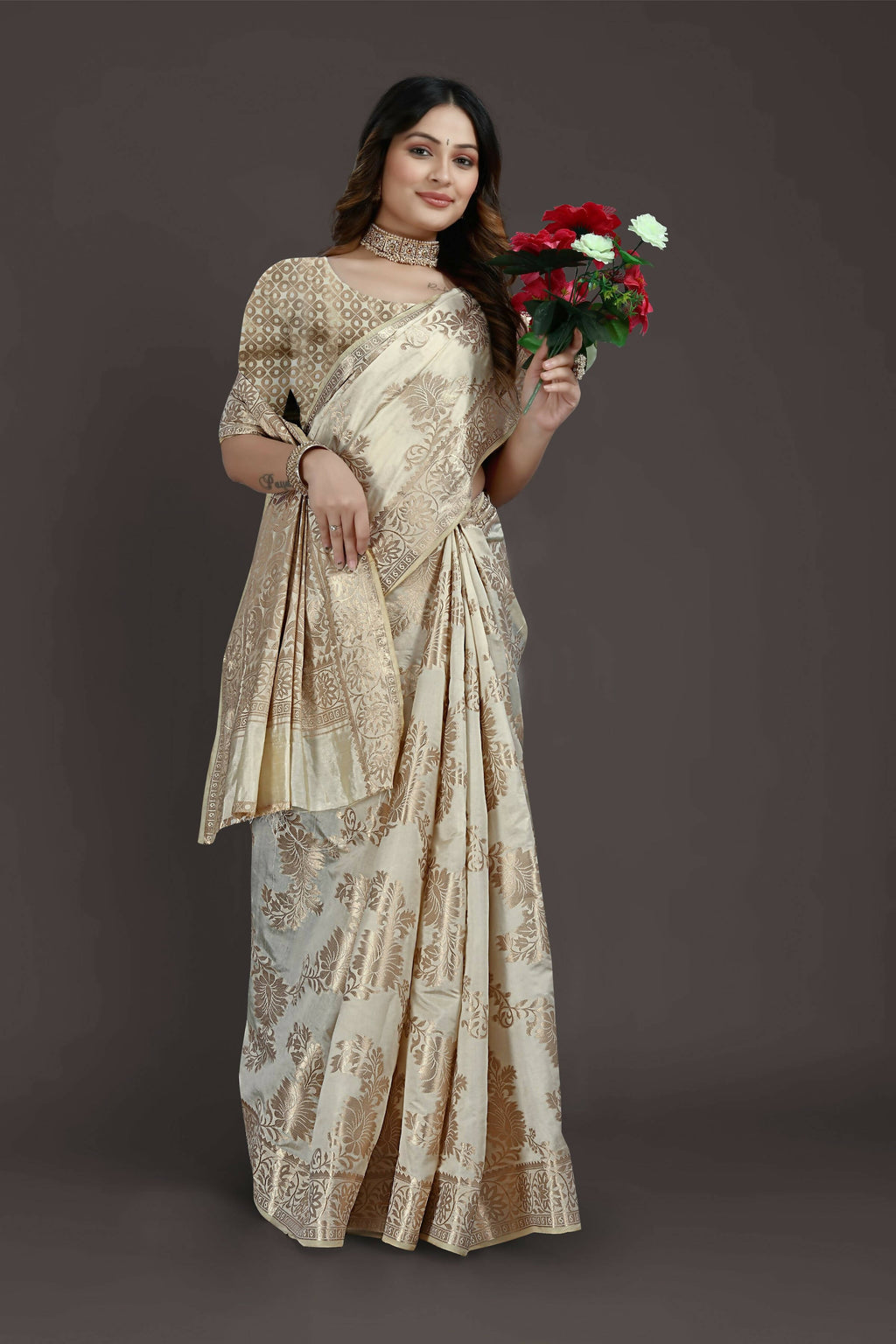 Off White Pure Raw Silk Zari Woven Saree with Unstitched Blouse Piece - Alisha