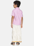 Sethukrishna Boys Pink & Off-White Pure Cotton Shirt with Dhotis
