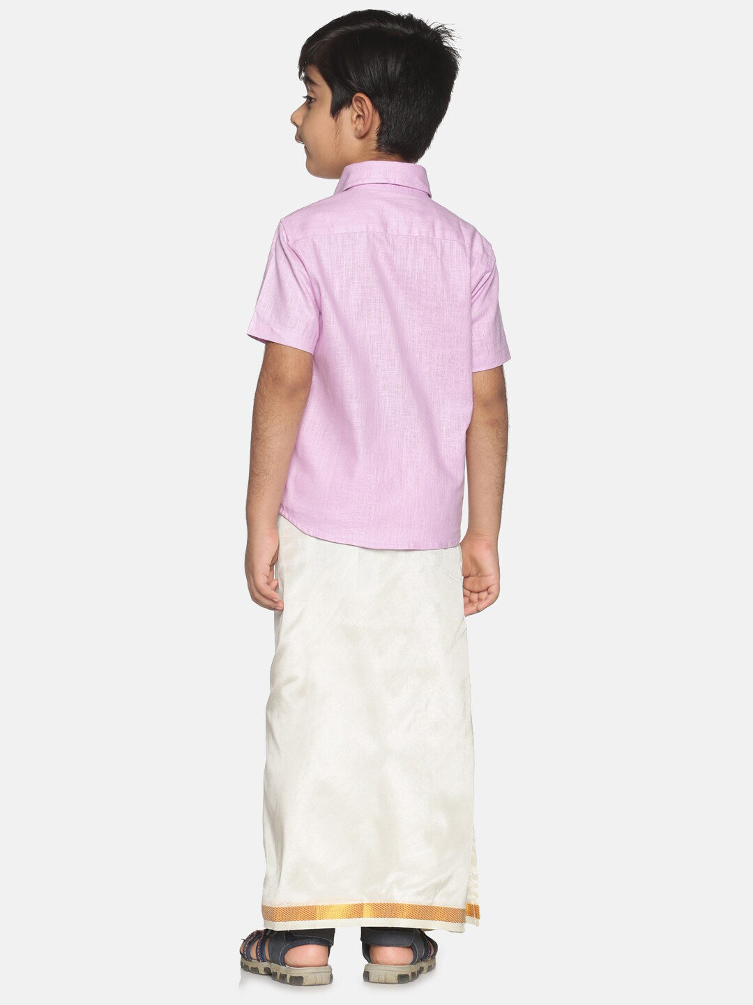 Sethukrishna Boys Pink & Off-White Pure Cotton Shirt with Dhotis