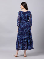 Souchii Navy Blue Floral Layered Chiffon A-Line Midi Dress - Distacart
