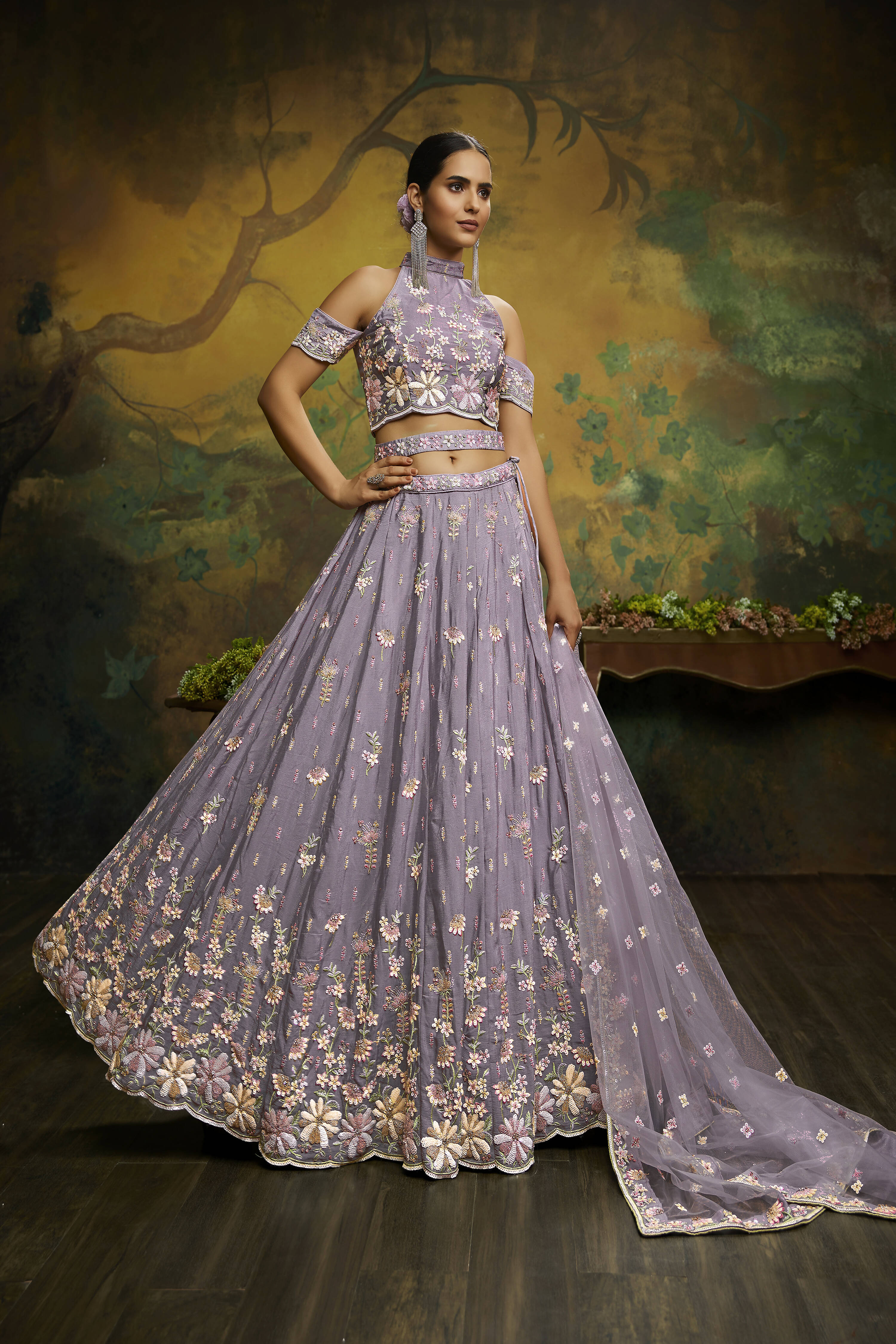 House of Panchhi Mauve Pure Georgette Sequins with heavy Zarkan embroidery Lehenga choli & Dupatta