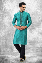 Raivat Ethnic Jacquard Silk Brocade Thread Work Kurta Pajama In Teal Green Colour
