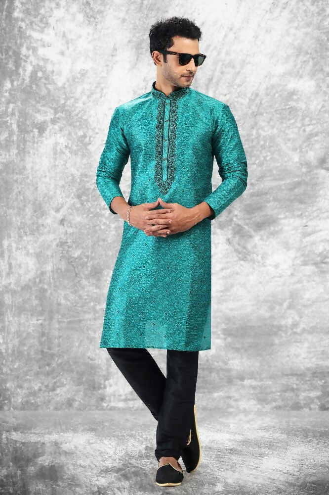 Raivat Ethnic Jacquard Silk Brocade Thread Work Kurta Pajama In Teal Green Colour