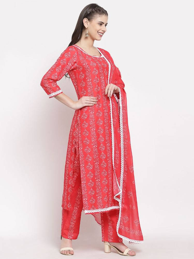 Myshka Women's Red Cotton Printed 3/4 Sleeve Round Neck Casual Kurta Pant Dupatta Set