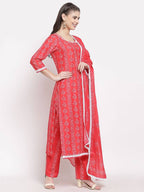 Myshka Women's Red Cotton Printed 3/4 Sleeve Round Neck Casual Kurta Pant Dupatta Set