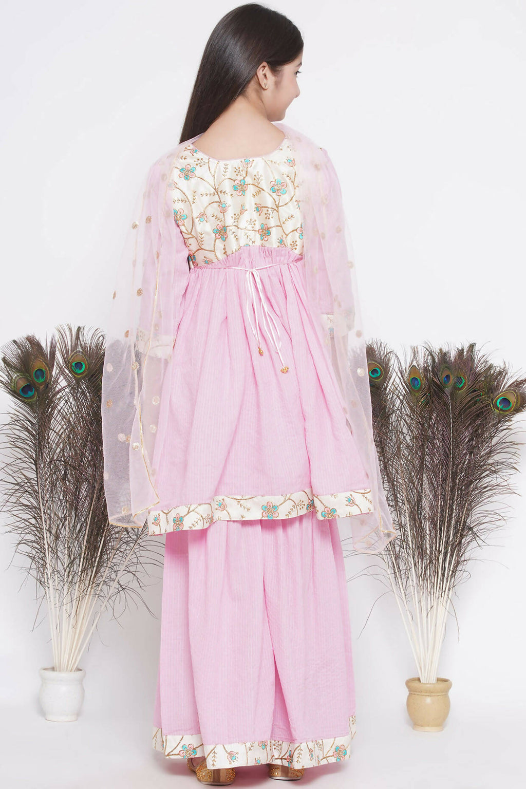 Little Bansi Floral Embroidery Jacket With Cotton Kantha Frock Sharara And Dupatta With Ghungroo Handwork - Pink