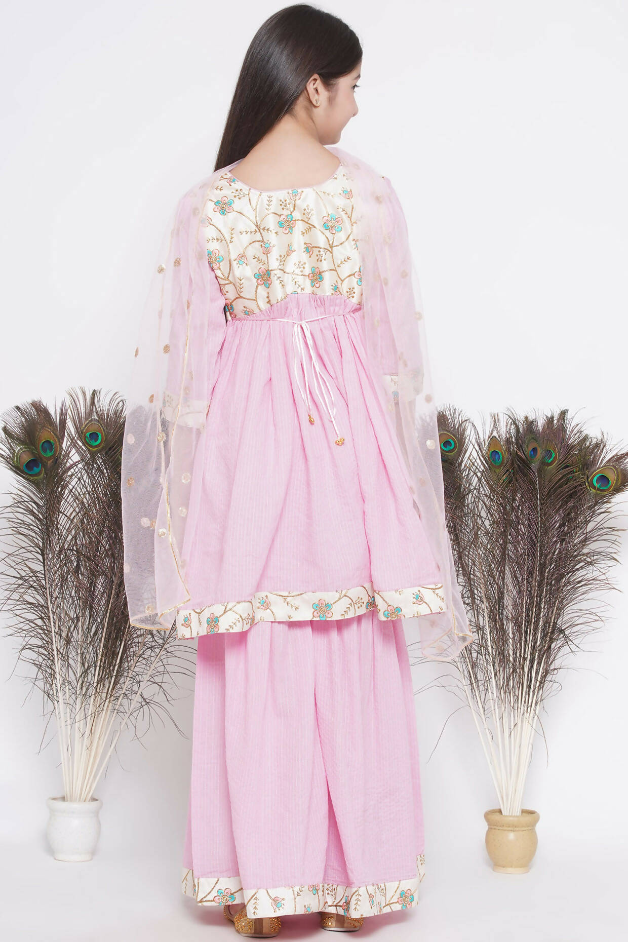 Little Bansi Floral Embroidery Jacket With Cotton Kantha Frock Sharara And Dupatta With Ghungroo Handwork - Pink