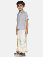 Sethukrishna Boys Grey & White Solid Shirt with Veshti Set