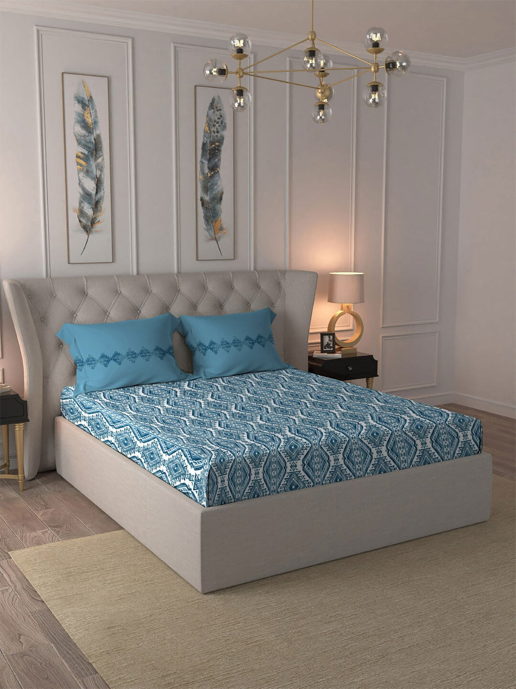 MYTRIDENT Blue White Ethnic Motifs Cotton 120 TC Queen Bedsheet With 2 Pillow Covers