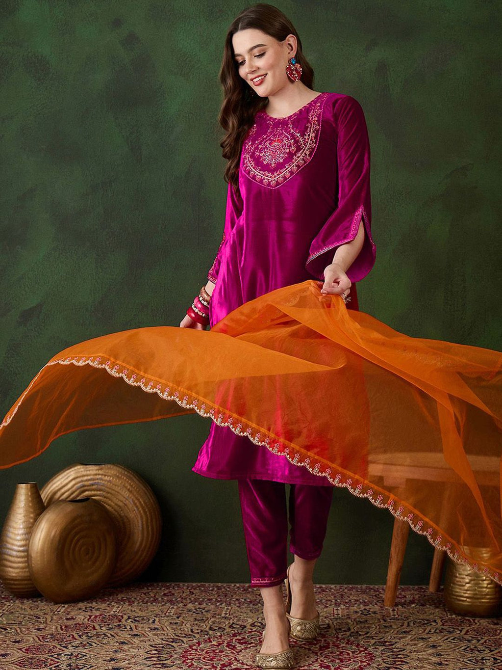 Sangria Embroidered Velvet Kurta & Trousers with Dupatta