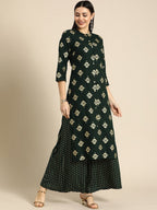 All About You Women Green & Gold-toned Ethnic Motifs Printed Kurta with Palazzos