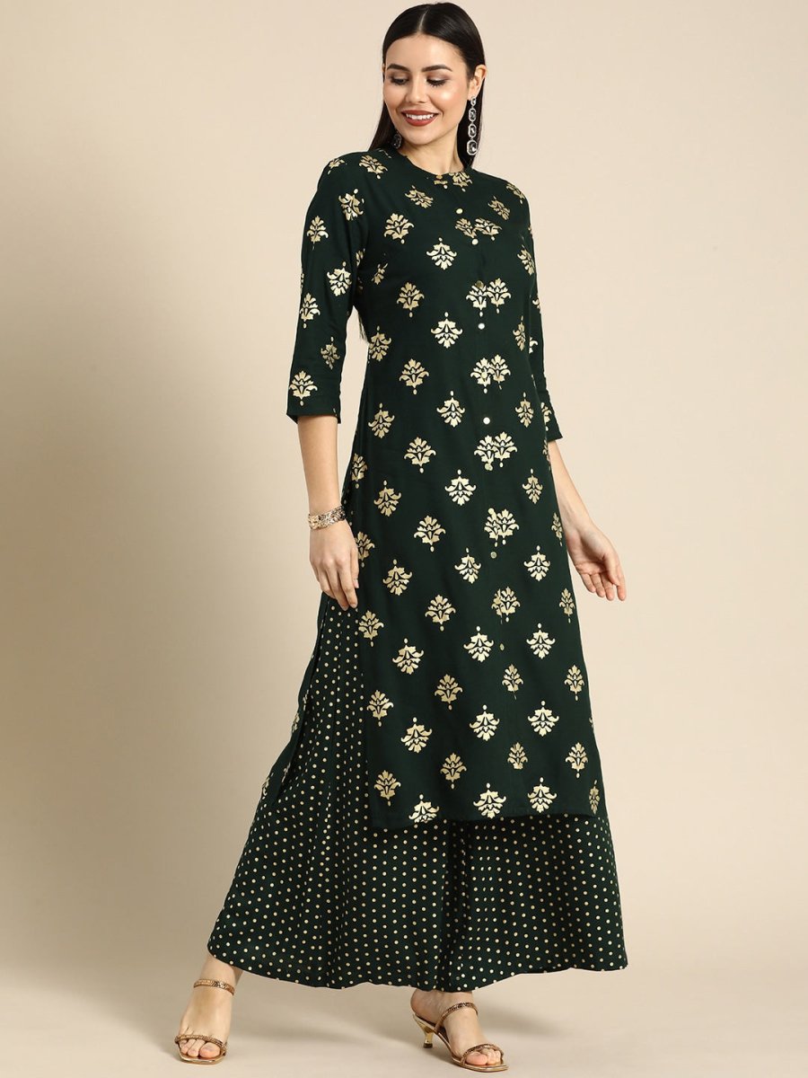 All About You Women Green & Gold-toned Ethnic Motifs Printed Kurta with Palazzos