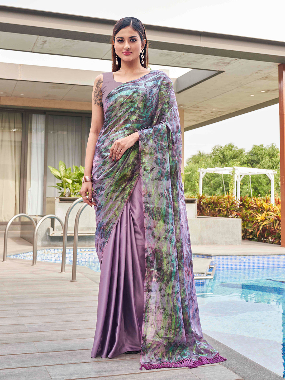 Tikhi Imli Mauve Abstract Printed Satin Half and Half Saree - Distacart