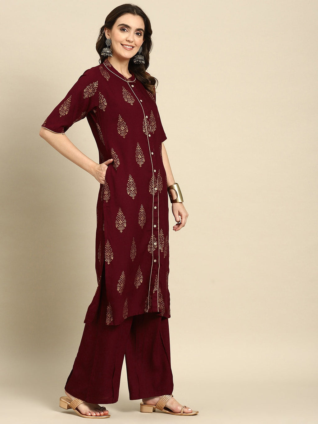 Sangria Ethnic Motifs Printed Pure Cotton Kurta With Palazzos