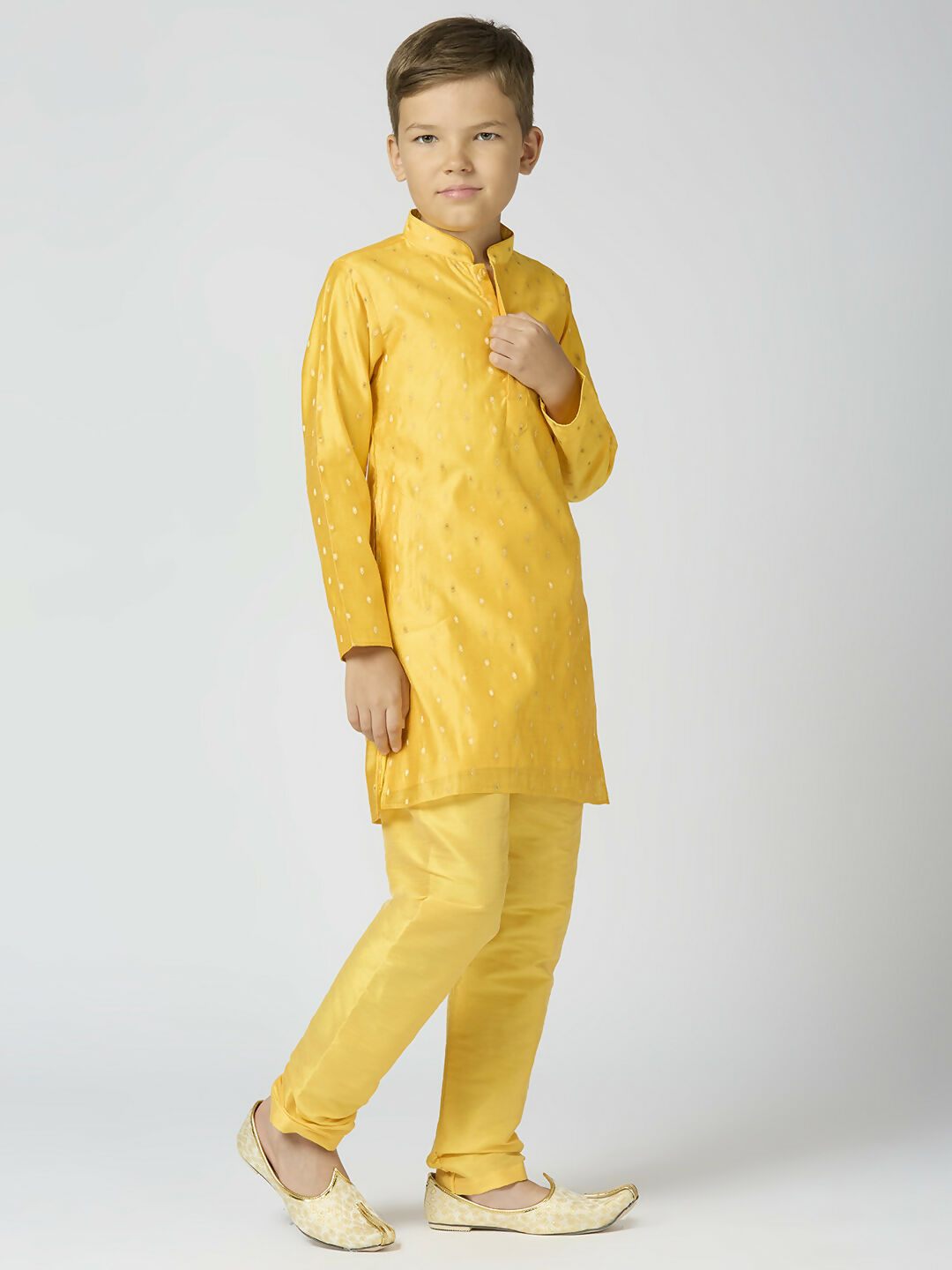 Joban Fashion Kids Island Full Sleeves Chanderi Kurta, Pyjama Set with Traditional Butta Work - Yellow - Distacart
