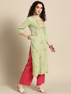 Sangria Women Green Floral Printed Thread Work Floral Kurta