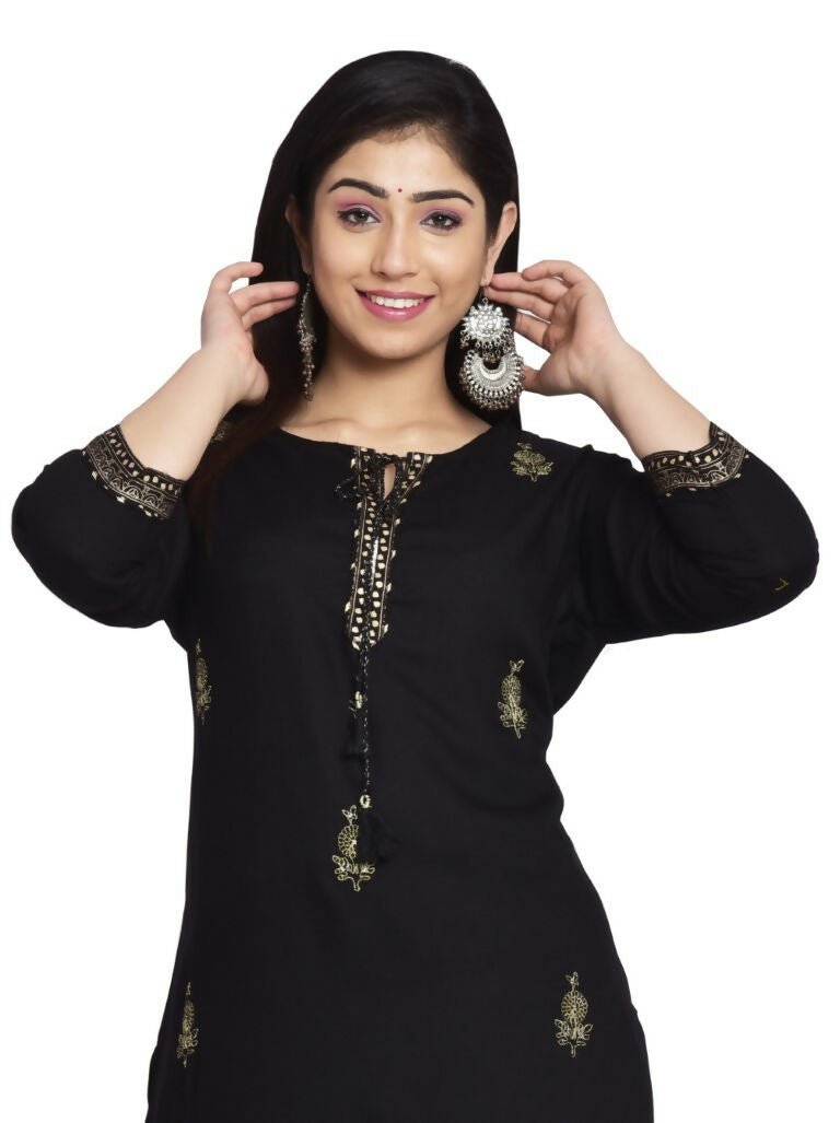 Alvano Women's Gold Zari Print Kurti with Palazzo and Dupatta set Rayon