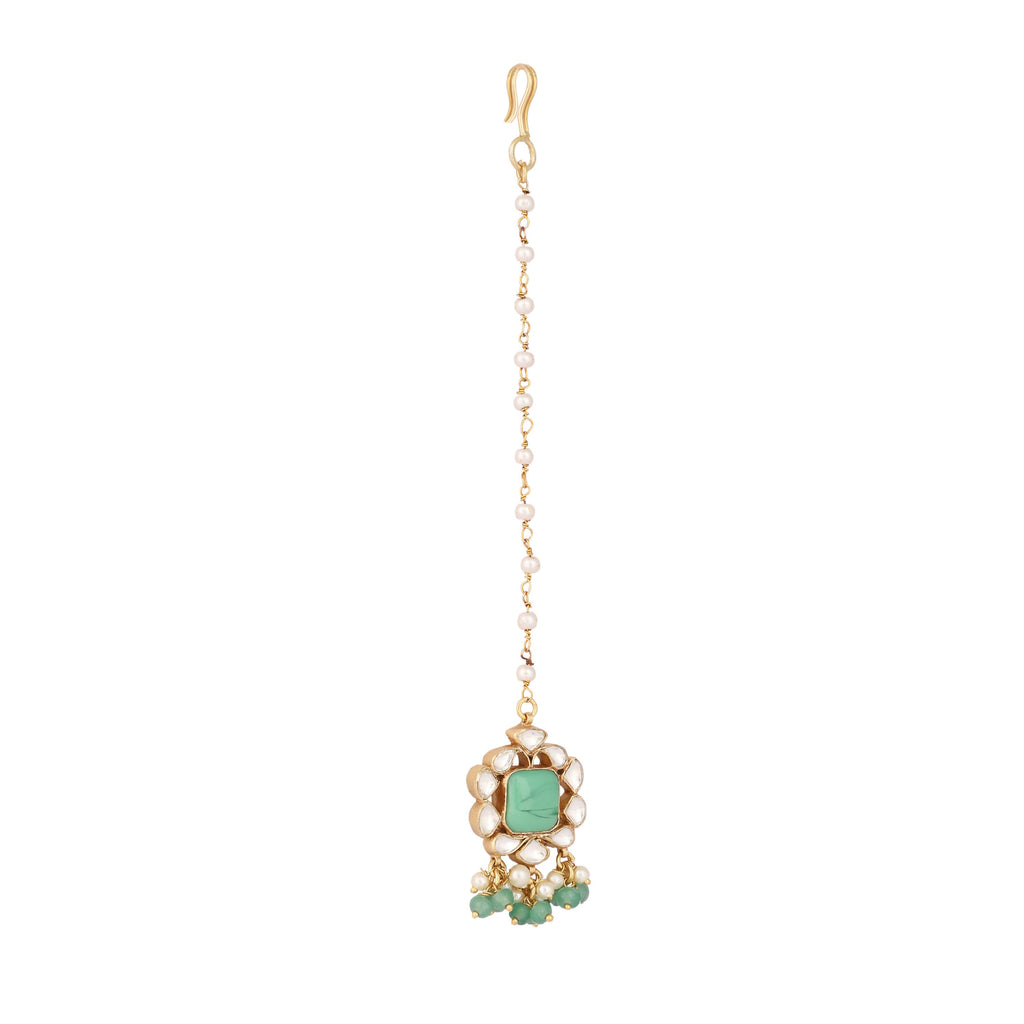 Nuyug 22K Gold-Plated Kundan & Green Stone Embellished Maang Tikka Head Jewellery - Distacart