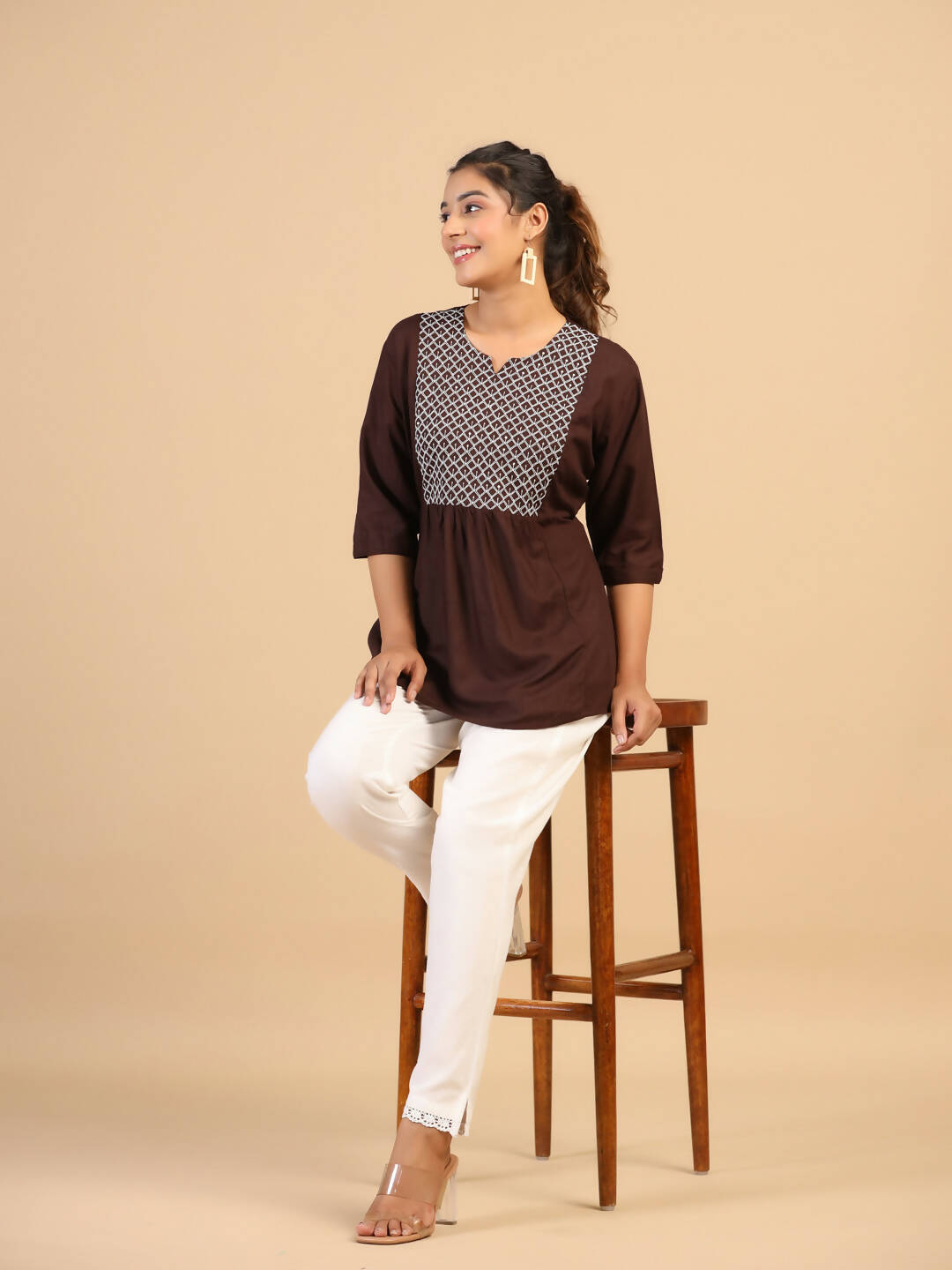 Womens Brown Rayon Yoke Embroidered Top - Keeva